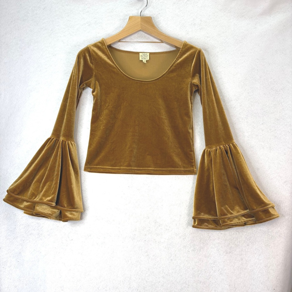 Ronny Kobo Gold Velvet Bell Sleeve Scoop Neck Top Women Small Boho‎ Party Disco
